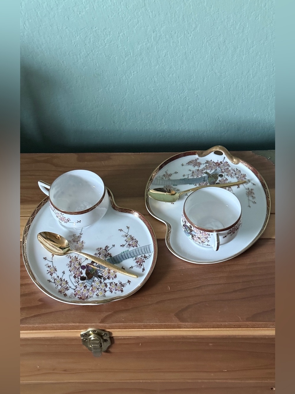 Vintage Koshida Japan Hand Painted Geisha Lithophane Snack Set w/ Nasco Spoons